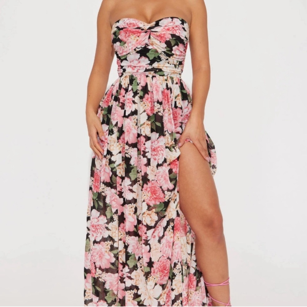 Fashion Nova Pink and Green Strapless Sundress